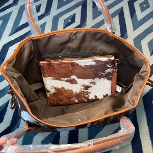 Cow print tote with matching wristlet